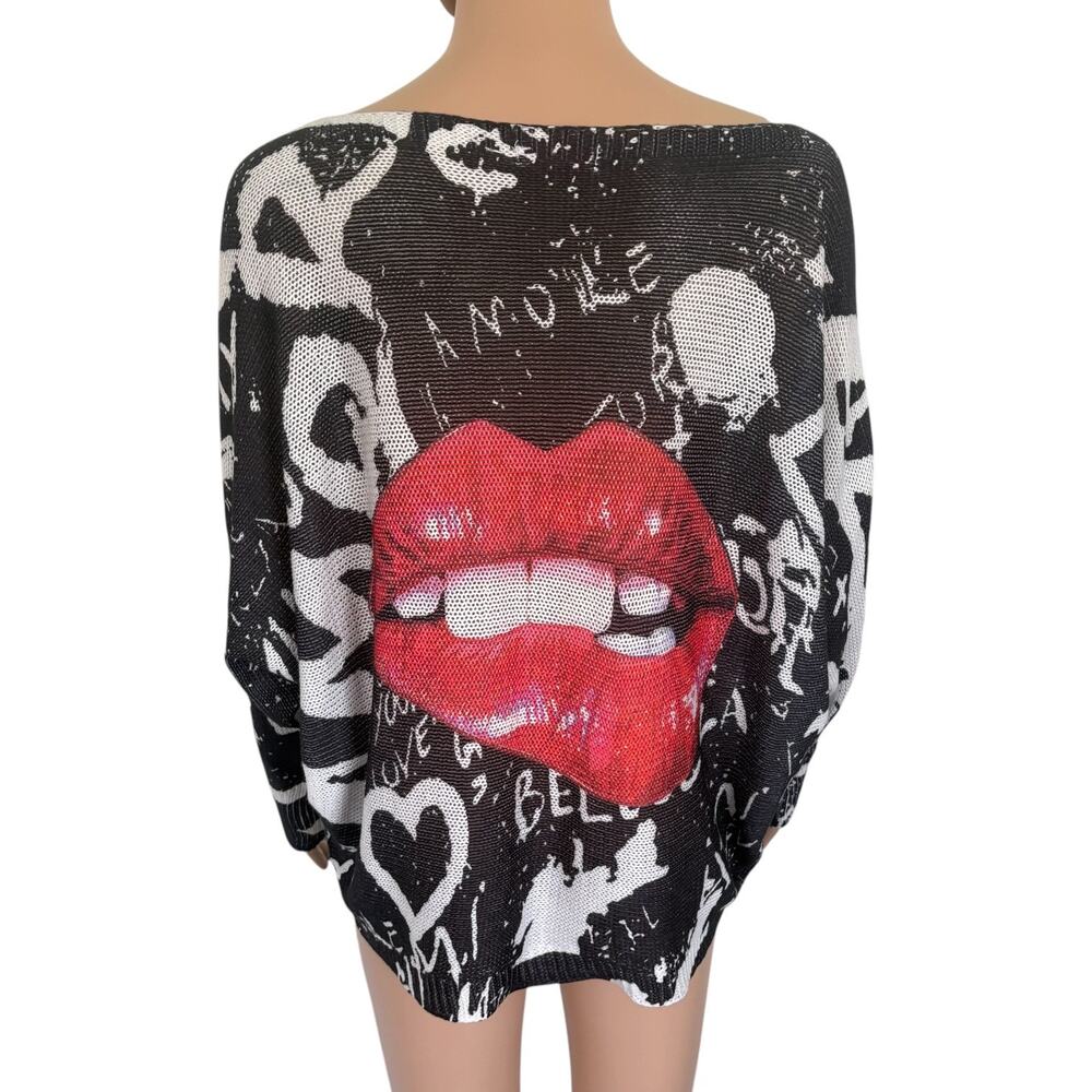Y2K Lips Graphic Dolman Knit Sweater Made in Italy Goth McBling Alternative Blck - Picture 8 of 8